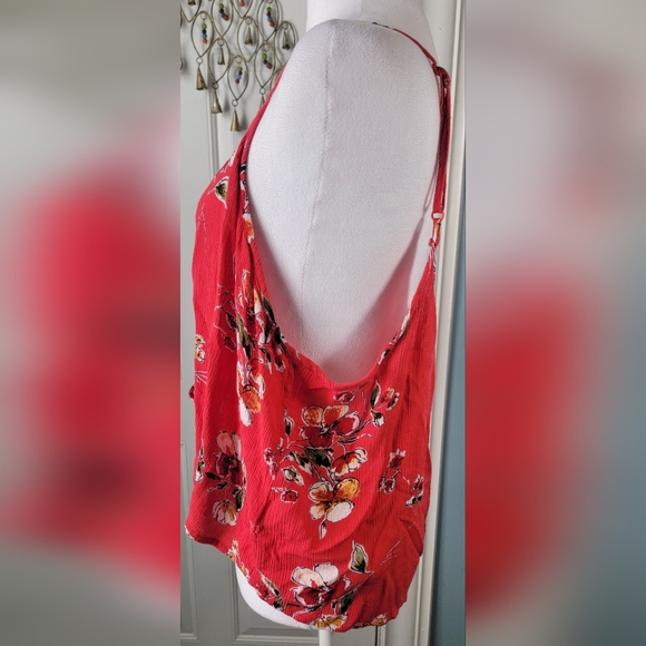 Patrons Of Peace Cropped Tank Women's L Red w/ White Floral Center Cinched Flowy - Picture 2 of 12